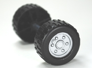 Lego Duplo Wheel with Tread (28mm diameter) Double Assembly with Metal Axle (34mm) and Silver Classic Hub Pattern / Black