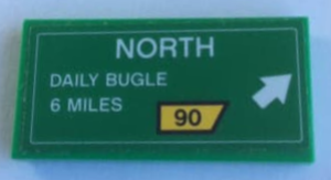 Lego Tile 2 x 4 with Road Sign with 'NORTH', 'DAILY BUGLE 6 MILES', Arrow and '90' Pattern (Sticker) - Set 76057