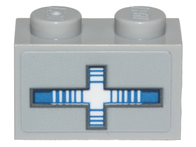 Lego Brick 1 x 2 with SW Blue and White Striped Cross Pattern (Sticker) - Set 75205 / Light Bluish Gray
