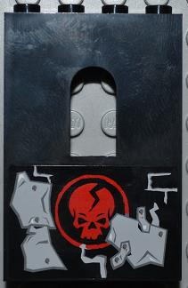 Lego Panel 1 x 4 x 5 Wall with Window with Red Skull in Circle and Light Bluish Gray Metal Plates Wall Repairs Pattern Model Right Side (Sticker) - Set 2505