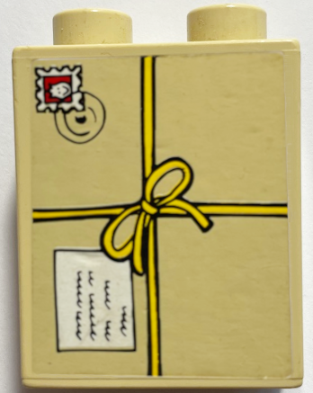 Lego Duplo, Brick 1 x 2 x 2 with Tied Parcel with Postmark Pattern (Sticker) - Set 9207 / Tan