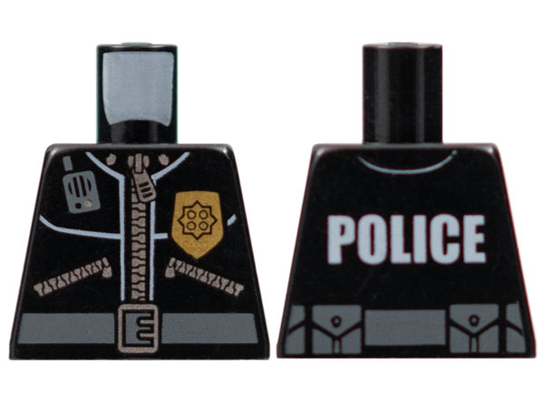 Lego Torso Police Leather Jacket, Gold Badge, Radio, Belt with 'POLICE' Pattern on Back / Black