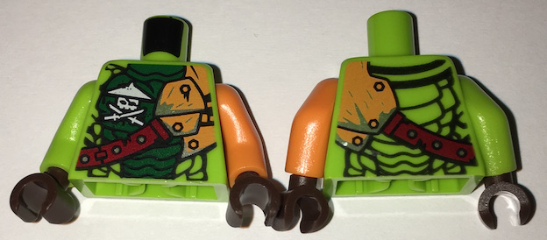 Lego Torso Ninjago Scales, Green Stomach, Ninja Skull with Crossed Swords, Shoulder Armor Pattern / Orange Arm Left / Lime Arm Right / Dark Brown Hands