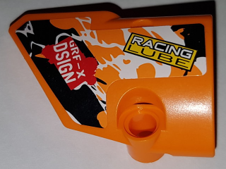 Lego Technic, Panel Fairing # 1 Small Smooth Short, Side A with 'RACING LUBE' and 'GRF-X DSIGN' and Black, Orange and White Pattern (Sticker) - Set 42007 / Orange