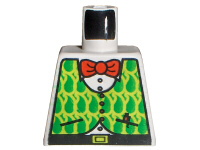 Lego Torso Lime Vest with Pockets and Green Teardrops over Shirt with Buttons, Black Belt with Yellow Buckle, Red Bow Tie, Pen Pattern / White