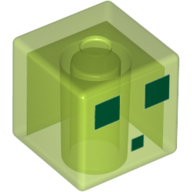 Lego Minifig Head Special, Cube with Slime, 3 Dark Green Squares Print / Trans-Bright Green