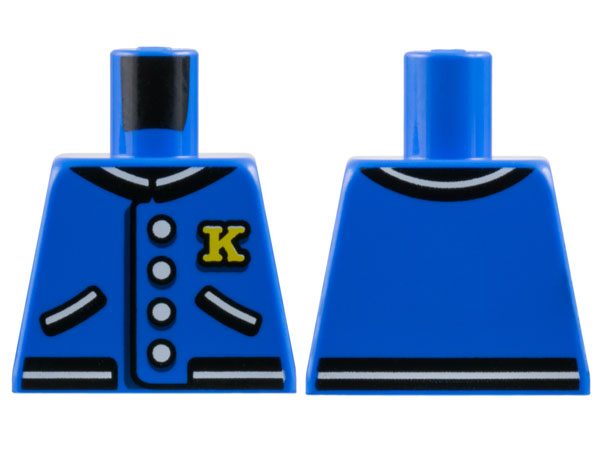 Lego Torso Letter Jacket with White and Black Hems and Pockets, 4 Buttons and Yellow K Pattern / Blue