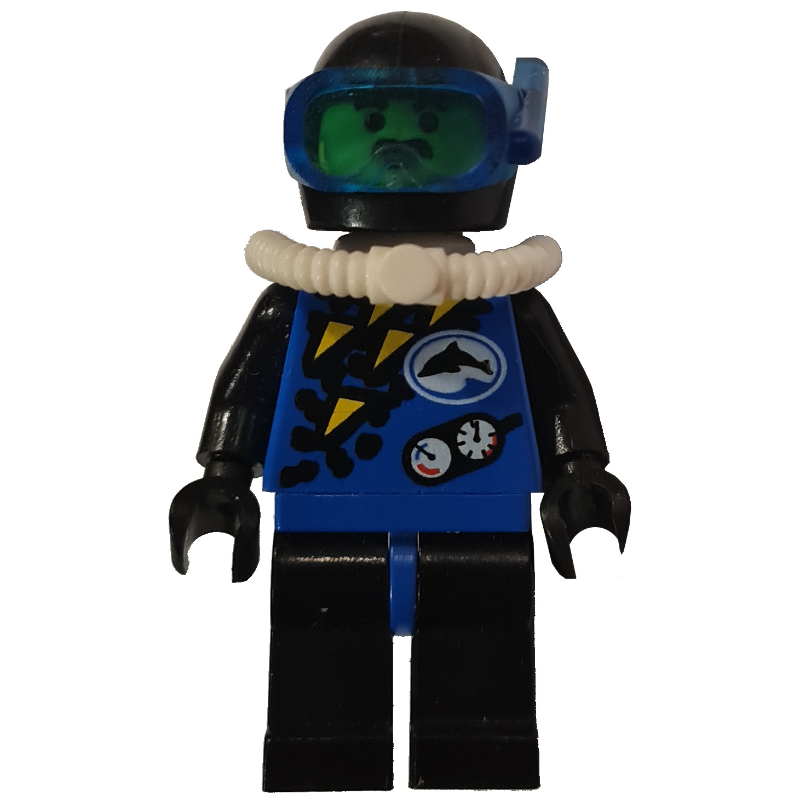 Lego Diver, Man, Blue Wetsuit, Black Helmet with Mask, Airtank, Moustache