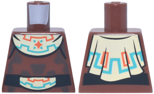 Lego Torso Tunic with Black Belt and Tan Cloth with Dark Turquoise and Reddish Orange Geometric Lines Pattern / Reddish Brown