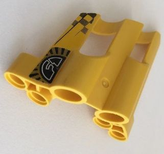 Lego Technic, Panel Fairing # 2 Large Short, Large Holes, Side B with Stylized 'F1' and Checkered Pattern (Sticker) - Set 8445 / Yellow