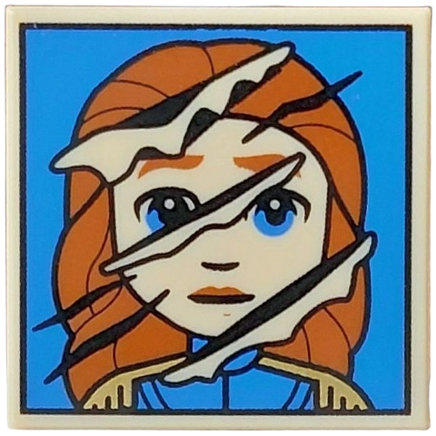 Lego Tile 2 x 2 with Portrait of Beast / Prince Adam with Claw Marks on Blue Background Pattern