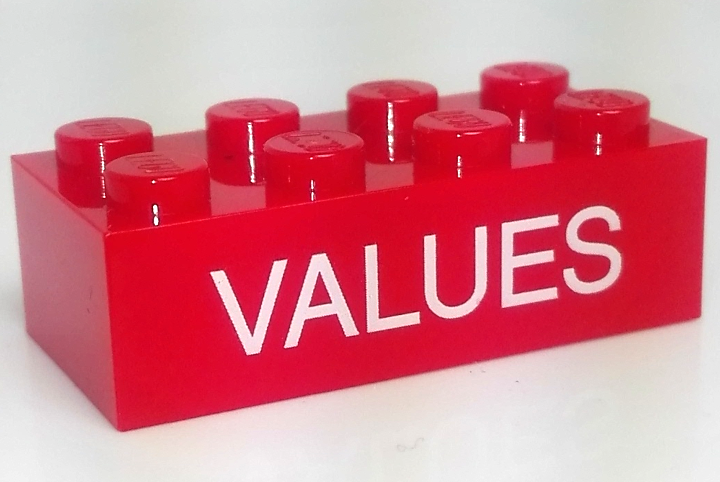 Lego Brick 2 x 4 with White 'VALUES' Pattern / Red