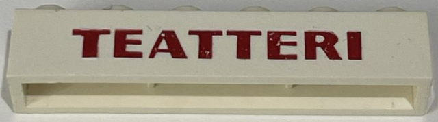 Lego Brick 1 x 6 without Bottom Tubes with Cross Side Supports with Red 'TEATTERI' Bold Pattern / White