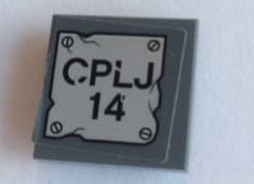 Lego Tile, Modified 2 x 2 Inverted with 'CPLJ 14' and 4 Screws Pattern (Sticker) - Set 76096 / Dark Bluish Gray