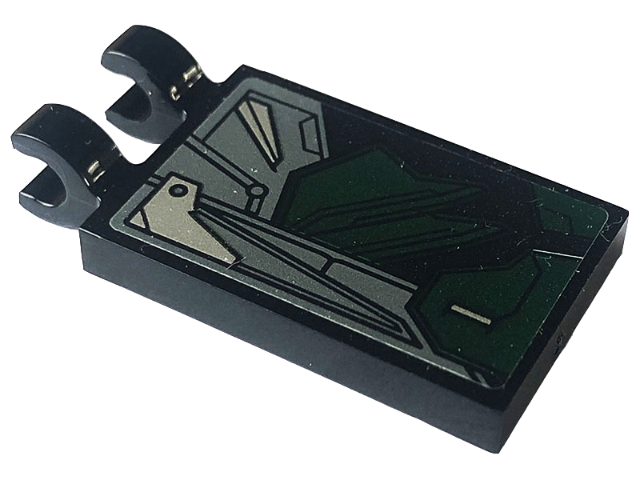 Lego Tile, Modified 2 x 3 with 2 Open O Clips with Dark Green, Dark Bluish Gray and Silver Armor Plates Pattern Model Right Side (Sticker) - Set 76195 / Black