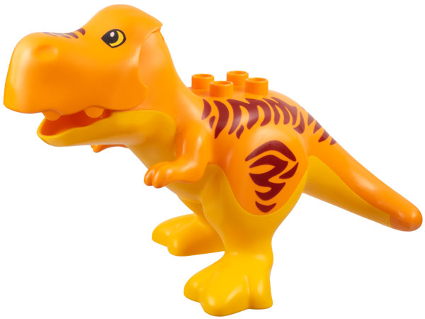 Lego Duplo Dinosaur Tyrannosaurus rex with Fixed Bright Light Orange Stomach and Legs and Printed Dark Red Stripes, Black and Yellow Eyes Pattern