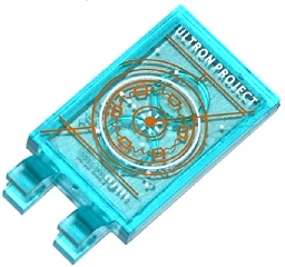Lego Tile, Modified 2 x 3 with 2 Clips with 'ULTRON PROJECT' and Orange Lines and Circles on Screen Pattern (Sticker) - Set 76038 / Trans-Light Blue