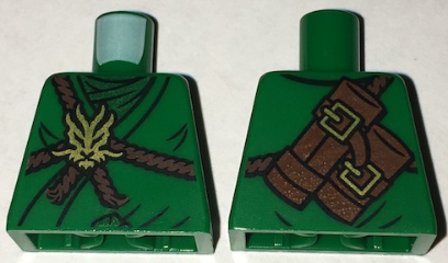 Lego Torso Ninjago Brown Rope, Gold Medallion and Dark Green Undershirt Front, Scabbards on Back Pattern / Green