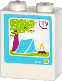 Lego Brick 1 x 2 x 2 with Inside Stud Holder with 'TV', Tree, Tent and Campfire on Screen Pattern (Sticker) - Set 41034