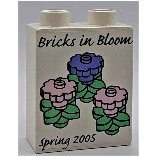 Lego Duplo Brick 1 x 2 x 2 with 'Bricks In Bloom Spring 2005', Three Flowers, ' LEGOLAND CALIFORNIA' and '2005 The LEGO Group' Print / White
