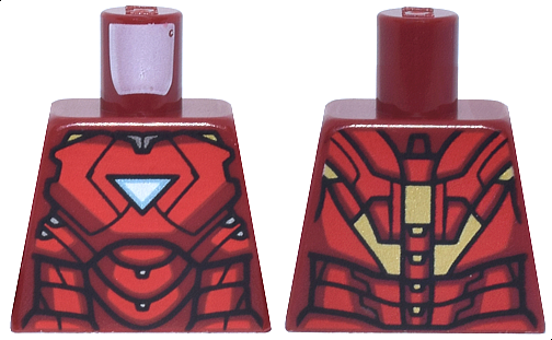 Lego Torso Armor with Metallic Light Blue and White Triangle Arc Reactor, Red Panels, Gold Trim on Back Pattern (Iron Man Mark 6) / Dark Red