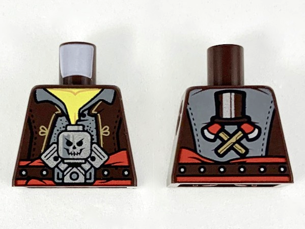 Lego Torso Vest, Dark Bluish Gray Shirt, Silver Minifigure Skull Pattern / Dark Brown