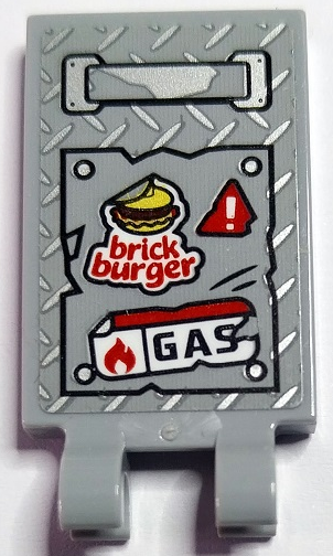 Lego Tile, Modified 2 x 3 with 2 Open O Clips with Silver Handle and Tread Plate, White Exclamation Mark in Red Warning Triangle, 'brick burger', Flame and 'GAS' Pattern (Sticker) - Set 70436 / Light Bluish Gray