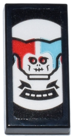 Lego Tile 1 x 2 with Playing Card with White Skeleton Head with Medium Azure and Red Joker Hat (Ninjago Krazi) and Black Banner Pattern (Sticker) - Set 71837 / Black