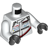 Lego Torso Race Suit with 'PORSCHE DMG MORI' and Black, Red and Light Bluish Gray Stripe on Front and Back Print, White Arms, Black Hands