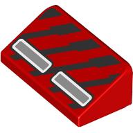 Lego Brick Sloped 30° 1 x 2 x 2/3 with Silver Rectangles, Black Stripes Print / Red
