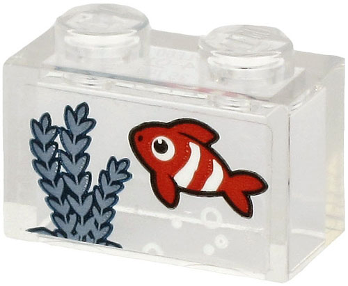 Lego Brick 1 x 2 without Bottom Tube with Red Fish with White Stripes and Sand Blue Seagrass on Transparent Background Pattern (Sticker) - Set 60265