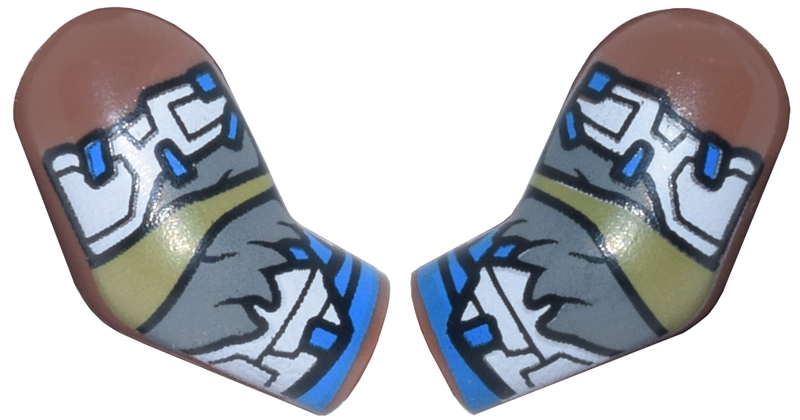Lego Arm, (Matching Left and Right) Pair with White Armor Plates, Dark Bluish Gray Fur Trim, Olive Green and Blue Wrappings Pattern / Medium Brown