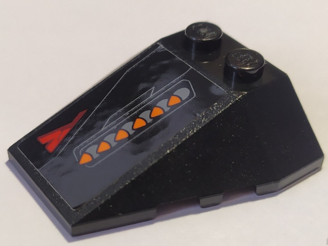 Lego Wedge 4 x 4 Triple with Stud Notches with Dark Bluish Gray and Orange Bullets Pattern Model Left Side (Sticker) - Set 76087 / Black