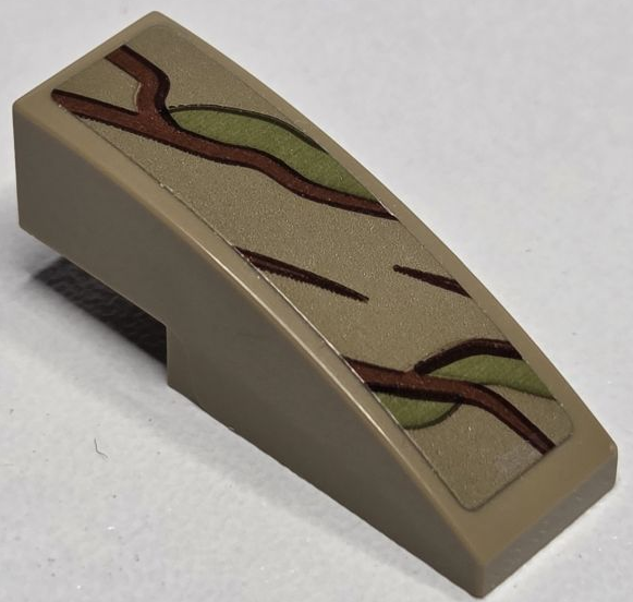 Lego Slope, Curved 3 x 1 with Reddish Brown Tree Bark Plates and Olive Green Vines Pattern (Sticker) - Set 76217 / Dark Tan