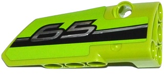 Lego Technic, Panel Fairing # 4 Small Smooth Long, Side B with Silver Number 65 and Black and Silver Stripes Pattern (Sticker) - Set 42037 / Lime