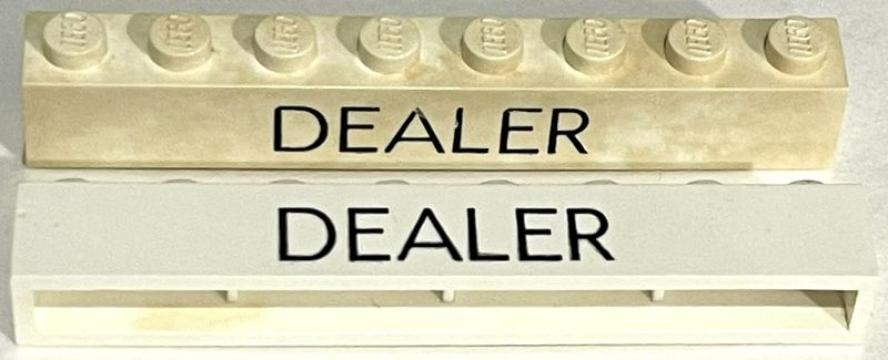 Lego Brick 1 x 8 without Bottom Tubes with Cross Side Supports with Black 'DEALER' Sans-Serif Thin (Letters Close) Pattern
