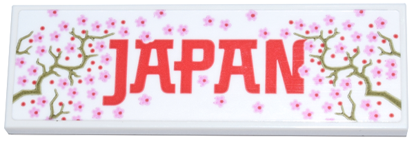 Lego Tile 2 x 6 with Bright Pink Cherry Blossoms, Olive Green Branches, and Red 'JAPAN' Pattern (Sticker) - Set 40713