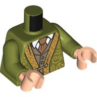 Lego Torso Robe, Gold Trim, Decorations, Dark Tan Vest, Dark Orange Tie print, Olive Green Arms, Medium Nougat Hands