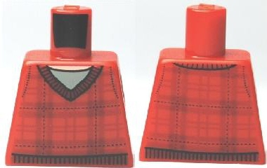 Lego Torso Plaid Sweater with V-Neck Collar and Dark Red Lines over Light Bluish Gray Shirt, Light Nougat Neck Pattern / Red