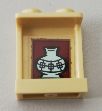 Lego Panel 1 x 2 x 2 with Side Supports - Hollow Studs with White Vase on Reddish Brown Background Pattern (Sticker) - Set 75551 / Tan