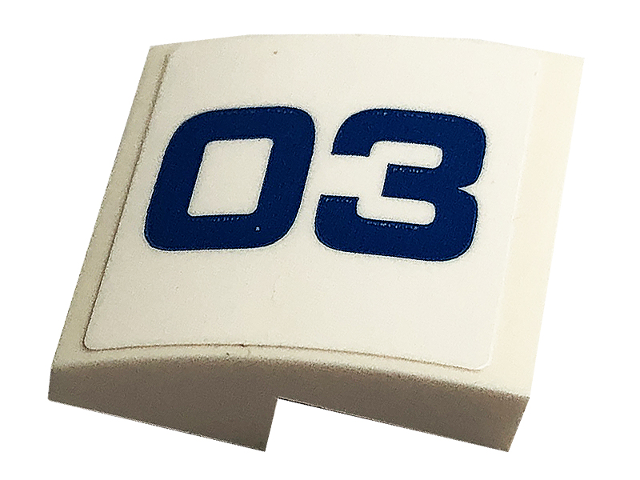 Lego Slope, Curved 2 x 2 x 2/3 with Blue '03' Pattern Model Left Side (Sticker) - Set 60173 / White