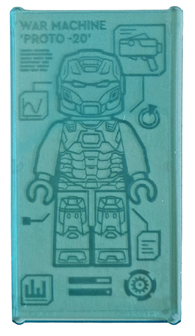 Lego Glass for Window 1 x 4 x 6 with Iron Man Armor 'WAR MACHINE PROTO -20' Pattern (Sticker) - Set 76167 / Trans-Light Blue