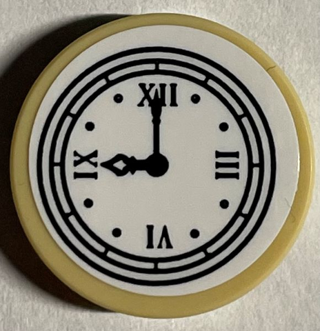 Lego Tile, Round 2 x 2 with Bottom Stud Holder with Clock Face (Time 9:00) with Black Hands and Roman Numerals on White Background Pattern (Sticker) - Set 21330 / Tan