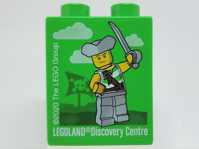 Lego Duplo, Brick 1 x 2 x 2 with LEGOLAND Discovery Centre 2020 Pirate Pattern / Bright Green