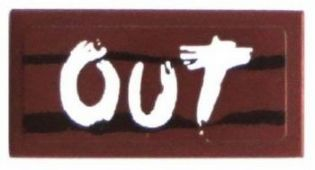 Lego Tile 1 x 2 with White 'OUT' on Wood Grain Background Pattern (Sticker) - Set 70800