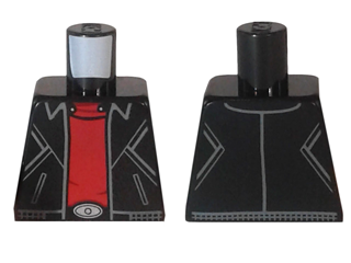 Lego Torso Leather Jacket with Gray Stitching, Slash Pockets and Waistband over Red Shirt, Silver Oval Belt Buckle Pattern / Black
