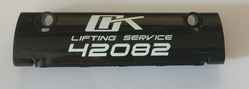 Lego Technic, Panel Curved 11 x 3 with 2 Pin Holes through Panel Surface with 'OK LIFTING SERVICE 42082' Pattern (Sticker) - Set 42082 / Black