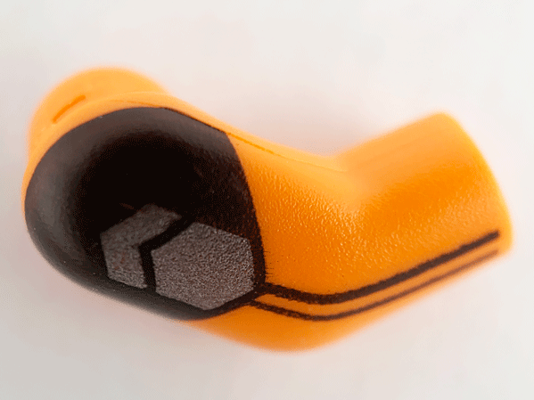 Lego Arm, Right with Black Short Sleeve, Stripes and Pearl Dark Gray Insignia Pattern / Orange
