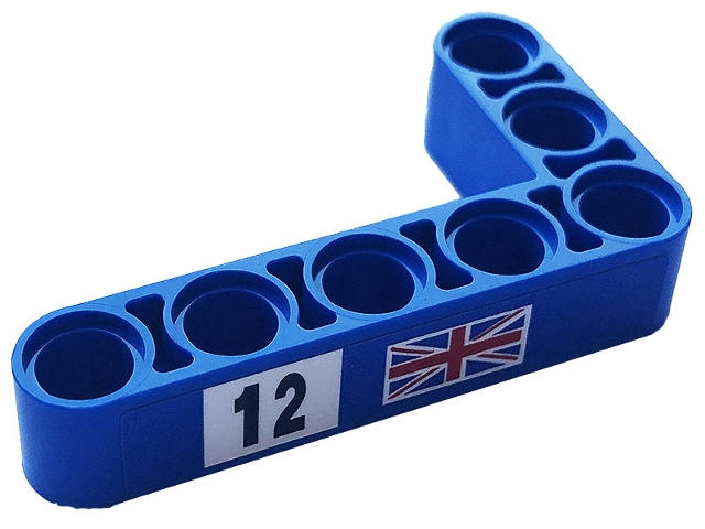 Lego Technic, Liftarm, Modified Bent Thick L-Shape 3 x 5 with Black Number 12 on White Background and United Kingdom Flag Pattern Model Left Side (Sticker) - Set 42123 / Blue