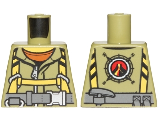 Lego Torso Volcano Explorer Jumpsuit with Dark Bluish Gray Belt and Yellow Harness Front, Volcano Logo Back Pattern / Olive Green